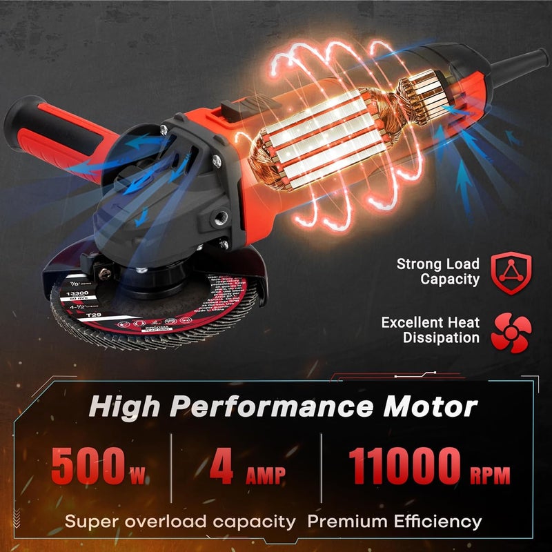 SHALL 4-1/2 Inch 11000 RPM Angle Grinder 4Amp with 2 Guards, 3 Cutting Discs, 3 Grinding Wheel, Non-Slip Handle, Wrench and Carbon Brush for Metal and Wood - Image 2